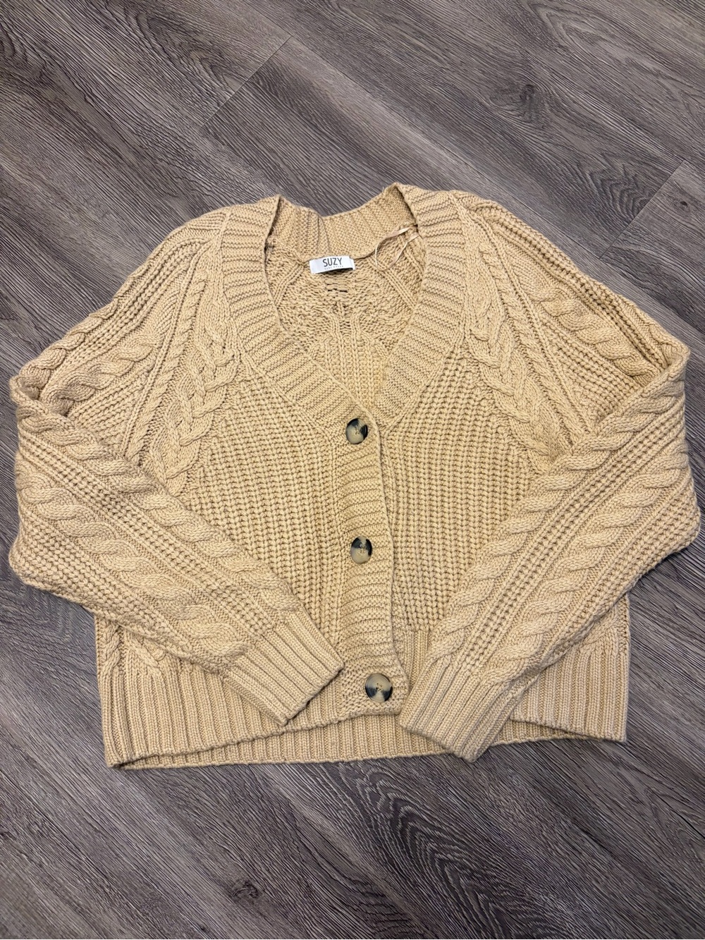 Suzy Shier Tan Cable Knit Cropped Cardigan